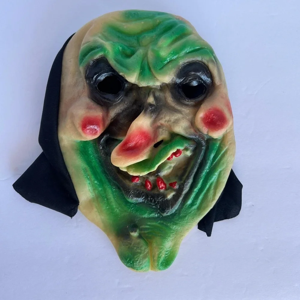 Vintage Halloween Witch Rubber Mask Green/Red Nose and Teeth with Hood